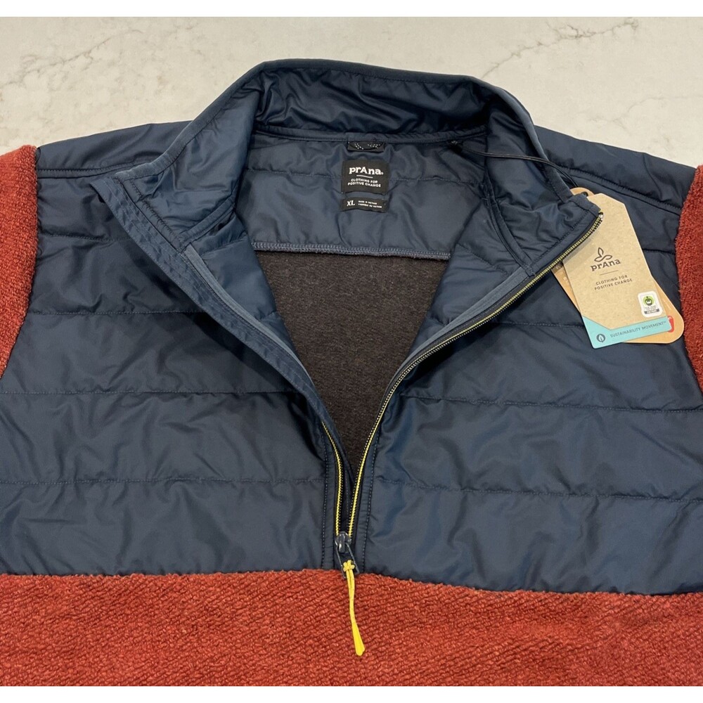 prAna NEW Mens XL Fleece‎ 1/2 Zip Quilted Pullover Jacket Wool Blend Red Blue - Picture 5 of 16